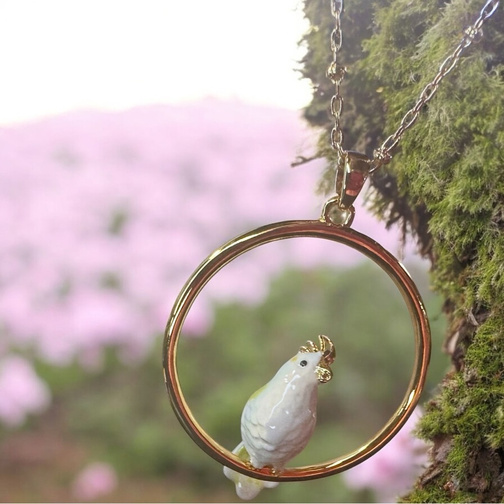 NEW White & Yellow Gold Cockatiel Bird Sitting In A Gold Hoop Pendant Necklace - Picture 2 of 16